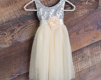 Ivory Flower Girl Dress, Silver Sequin Top, Floor Length Dress, Ivory Wedding, Couture Style, Sash Set, Ball Gown, Boho Chic Country