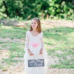 Romantic White Lace Toddler Flower Girl Dress, Boho Long Sleeve Crochet Tulle Wedding Gown for Girls image 2