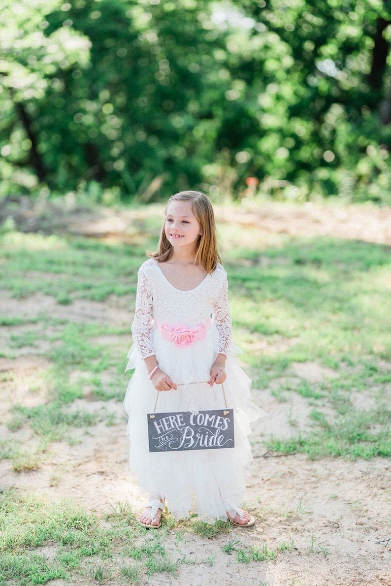 Romantic White Lace Toddler Flower Girl Dress, Boho Long Sleeve Crochet Tulle Wedding Gown for Girls image 2