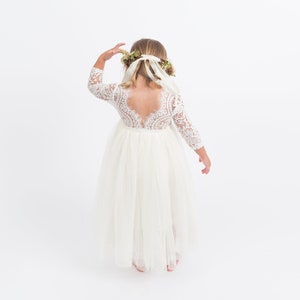 White Lace Flower Girl Dress, Ivory Tulle Long Sleeve Wedding dress, Floor Length Boho Ball Gown