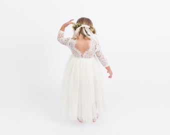 White Lace Flower Girl Dress, Ivory Tulle Long Sleeve Wedding dress, Floor Length Boho Ball Gown