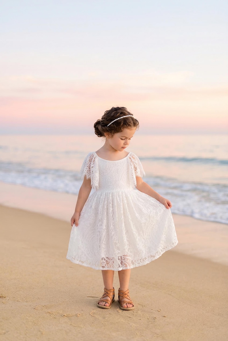 White Lace Flower Girl Dress, Boho Tulle Wedding Dress for Infant Girl, Bohemian Beach Junior Bridesmaid Gown image 1