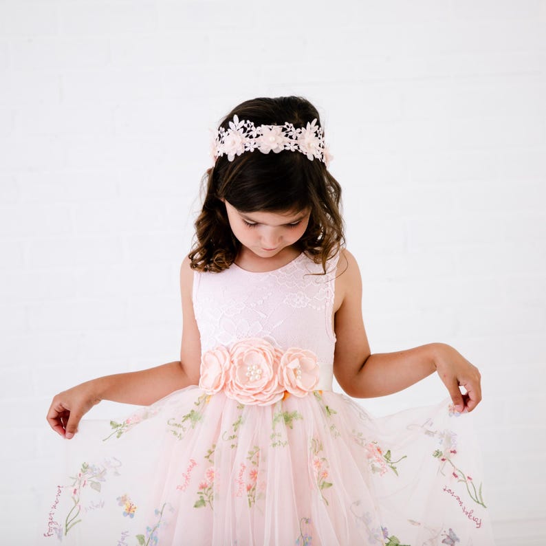 May include: A pale pink sleeveless dress featuring a bodice with a subtle floral pattern, a waistline adorned with three large fabric flowers, and a layered tulle skirt decorated with delicate floral embroidery and small green leaf accents.