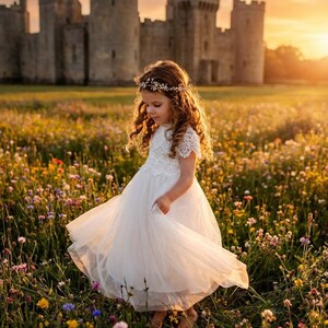 Witte gehaakte kanten bloemenmeisjesjurk, boho tule strandtrouwjurk voor meisjes, outfit peuter prinses junior bruidsmeisje afbeelding 2