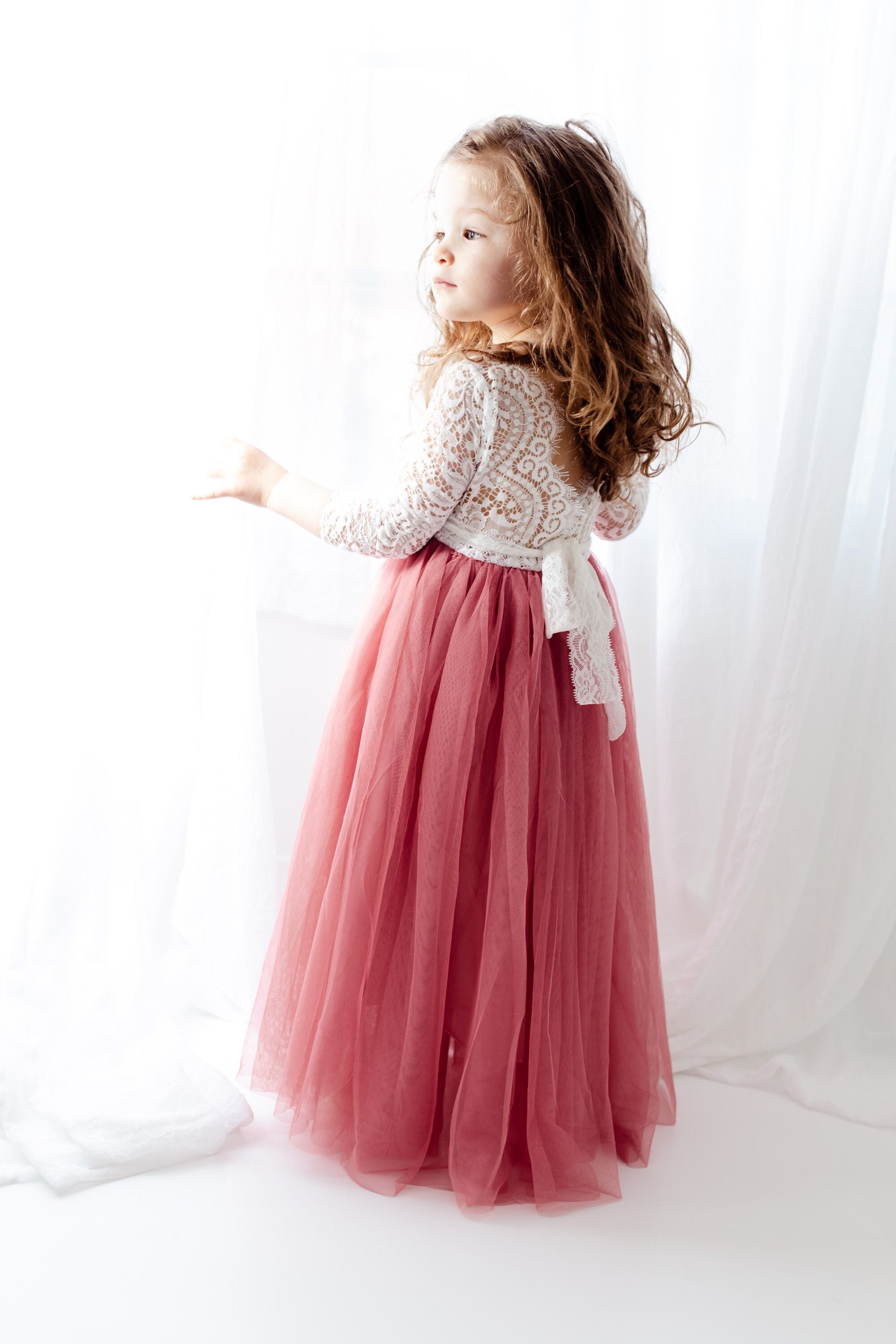 Dusty Rose Tulle Flower Girl Dress, White Lace Long Sleeve Wedding Dress, Mauve Ball Gown, Pink Floor Length Gown