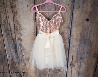 Rose Gold Flower Girl Dress, Sash Belt set, Rose Gold sequin dress, Ivory Tulle Cream Wedding, Gown,  glitter, Ivory tutu dress