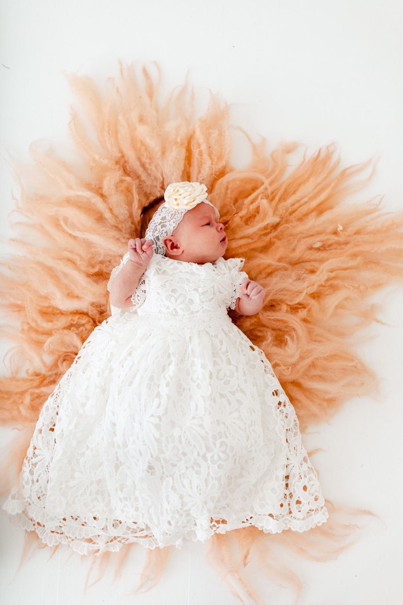 Newborn Lace Christening Gown for Baby Girl, Elegant Baptism Dress, White Blessing Day Outfit, Infant Dedication Ceremony Dress image 6