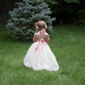 Boho Ivory Flower Girl Dress, Rose Gold Sequin Tulle Wedding Gown, Long Floor Length Ball Gown for Toddlers, Junior Bridesmaid Outfit image 5