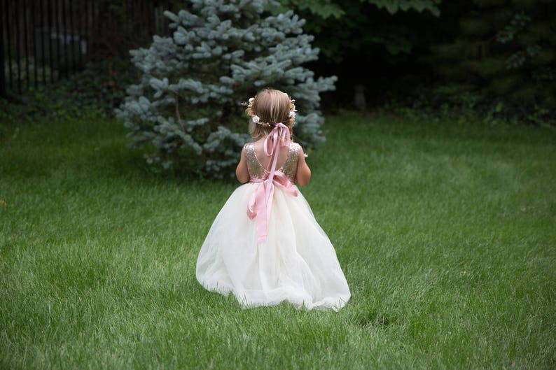 Boho Ivory Flower Girl Dress, Rose Gold Sequin Tulle Wedding Gown, Long Floor Length Ball Gown for Toddlers, Junior Bridesmaid Outfit image 5