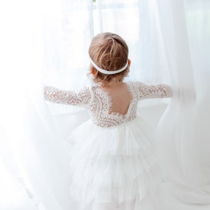 Romantic White Lace Toddler Flower Girl Dress, Boho Long Sleeve Crochet Tulle Wedding Gown for Girls image 9