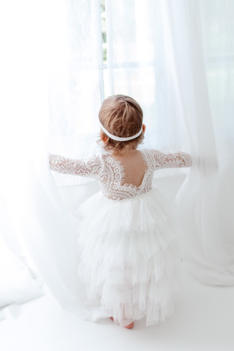 Romantic White Lace Toddler Flower Girl Dress, Boho Long Sleeve Crochet Tulle Wedding Gown for Girls image 9