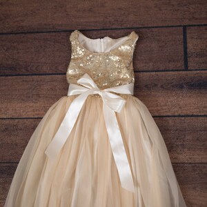 Champagne Gold Flower Girl Dress, Long Sequin Ball Gown, Ivory Beige Boho Lace Dress, Bohemian Beach Wedding Girl Outfit image 3
