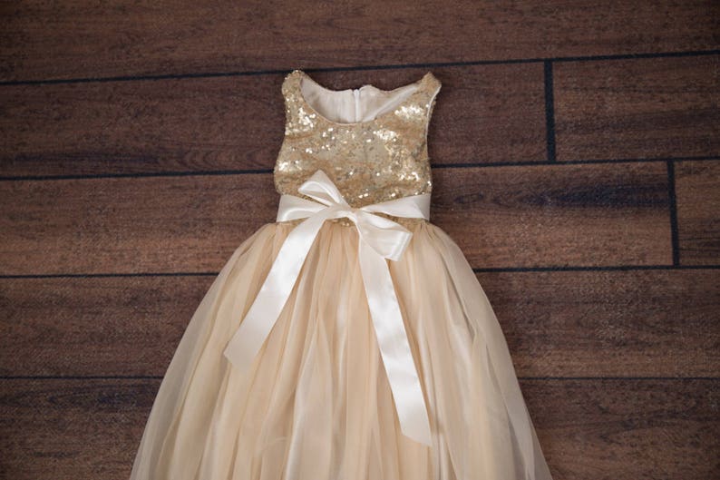 Champagne Gold Flower Girl Dress, Long Sequin Ball Gown, Ivory Beige Boho Lace Dress, Bohemian Beach Wedding Girl Outfit image 3