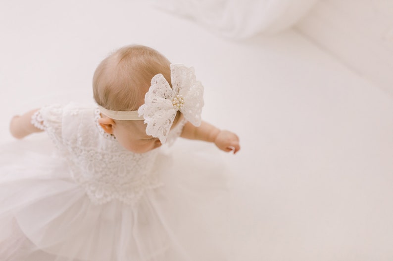Lace Christening Gown, White Baptism Dress, White Flower Girl Dress, Boho Linen Christening Dress image 7