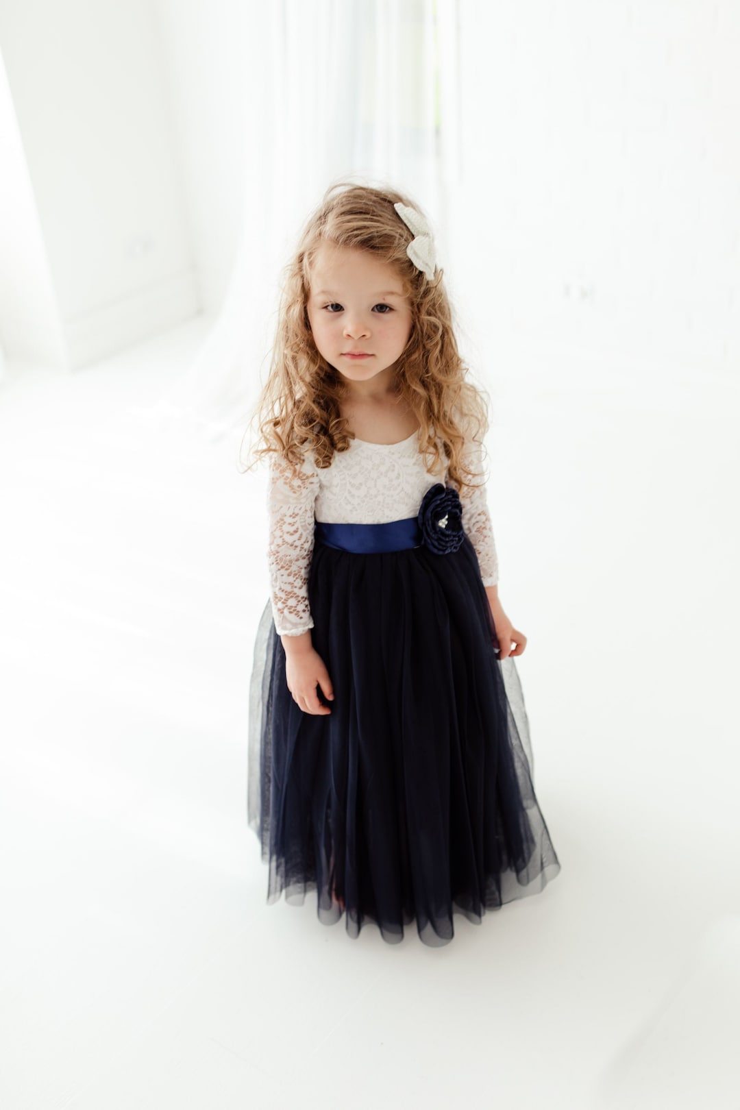 White Lace Flower Girl Dress, Navy Blue Tulle Long Sleeve Ball Gown ...