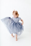 Dusty Blue Bohemia Flower Girl Dress, Gray Boho Lace Tulle Gown for Toddler Girls Wedding Outfit