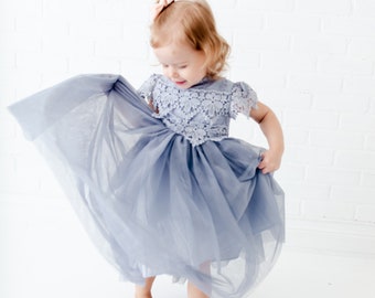 Boho Dusty Blue Gray Flower Girl Dress, Rustic Smoke Blue Tulle, Will You Be My Flower Girl Proposal, Bohemian Dresses, Steel Blue