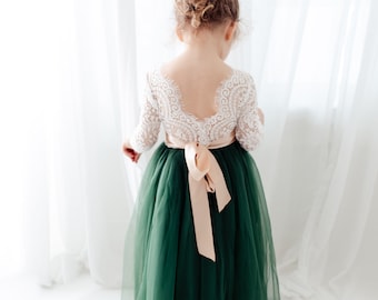 White Lace Flower Girl Dress, Hunter Green Long Sleeve Wedding Dress, Ball, Bohemian Dark Teal Tulle Dress