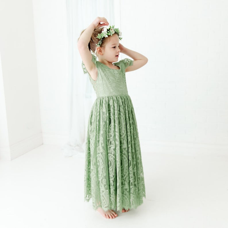 Sage Green Flower Girl Dress, Rustic Bohemian Tulle Wedding Dress, Green Boho Dresses, Teen Lace Dress image 5