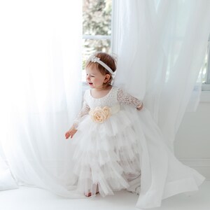 Romantic White Lace Toddler Flower Girl Dress, Boho Long Sleeve Crochet Tulle Wedding Gown for Girls image 7