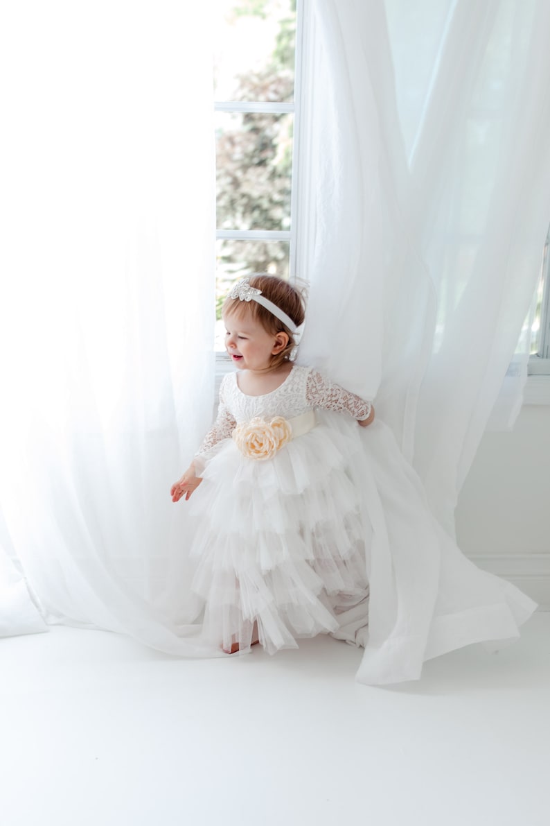 Romantic White Lace Toddler Flower Girl Dress, Boho Long Sleeve Crochet Tulle Wedding Gown for Girls image 7