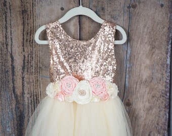 Rose Gold Flower Girl Dress, Boho Ivory Tulle Dresses, Toddler Tulle Dress,  Baby Princess Dress