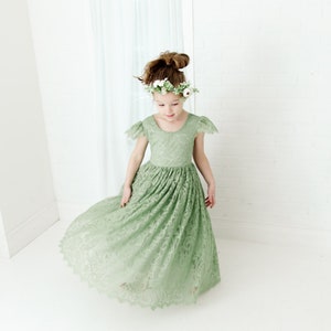 Vestido de niña de flores verde salvia, vestido de novia de tul boho rústico, vestidos boho verdes, vestido de encaje adolescente imagen 9