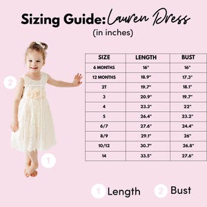 May include: A sizing guide for the Lauren Dress featuring a table with measurements in inches for sizes 6 months to 14. The table lists length and bust dimensions. A child wears a cream-colored sleeveless lace dress with a floral waist detail.