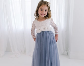 White Lace Flower Girl Dress, Gray Tulle Long Sleeve Wedding dress, Dusty Blue Ball Gown, Floor Length, Boho Chic Beach, Smoke Steel Blue