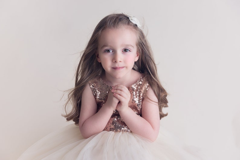 Boho Ivory Flower Girl Dress, Rose Gold Sequin Tulle Wedding Gown, Long Floor Length Ball Gown for Toddlers, Junior Bridesmaid Outfit image 10