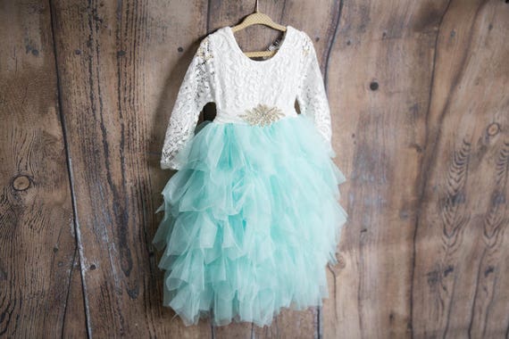 Mint Green Flower Girl Dress, White Lace Long Sleeve Tulle Dress, Aqua Wedding Outfit, Boho Chic Princess Tutu Dress