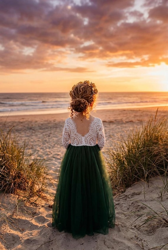 Hunter Green Boho Flower Girl Dress, White Lace Long Sleeve Tulle Ball Gown, Dark Teal Wedding Dress for Girls