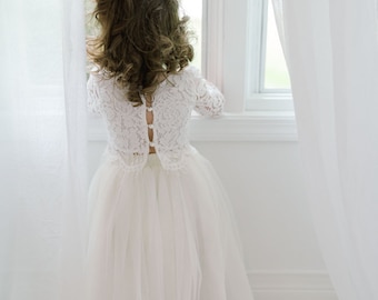 Tweedelige tuturok met hoge taille, romantische witte kanten bloemenmeisjesjurk, crème champagne boho strand trouwoutfit voor meisjes