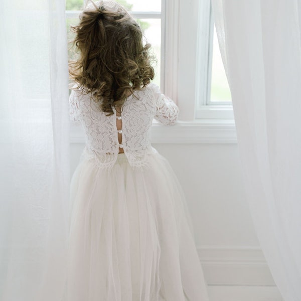 Two Piece High Waist Tutu Skirt, Romantic White Lace Flower Girl Dress, Boho Beach Wedding, Crochet, Bohemian, Cream Champagne Ivory Tulle
