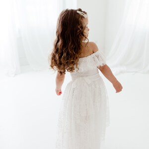 Bohemian White Flower Girl Dress, Off Shoulder Tulle Wedding Dress, Grecian High Low Princess Dress for Toddlers, Rustic Bridal Party Outfit image 6