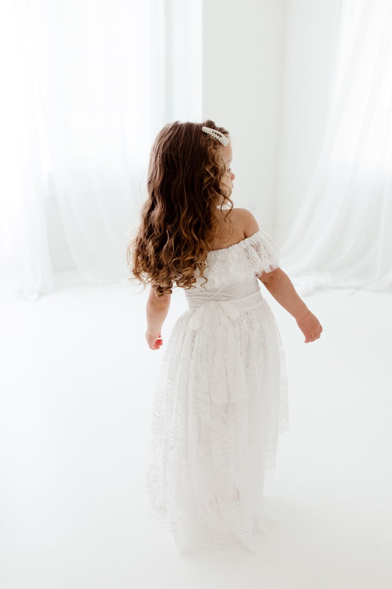 Bohemian White Flower Girl Dress, Off Shoulder Tulle Wedding Dress, Grecian High Low Princess Dress for Toddlers, Rustic Bridal Party Outfit image 6