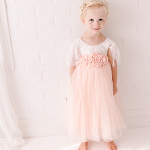 Blush Pink Tulle Short Sleeve Wedding Gown, White Lace Floor Length Flower Girl Dress, Ball Gown, Boho Chic Beach, Dusty Rose Spring. Aria image 5