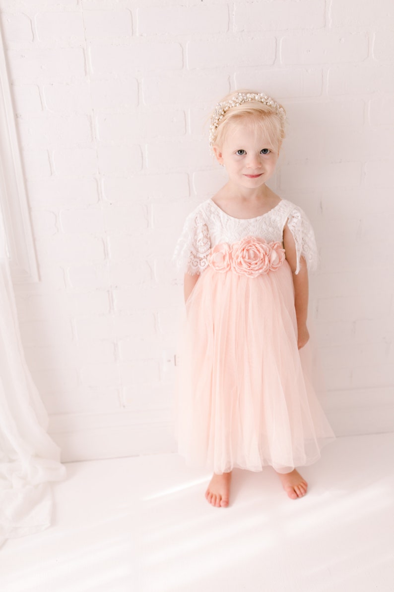 Blush Pink Tulle Short Sleeve Wedding Gown, White Lace Floor Length Flower Girl Dress, Ball Gown, Boho Chic Beach, Dusty Rose Spring. Aria image 5