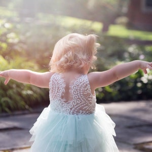 White Lace Flower Girl Dress, Baby Tulle Wedding dress, Mint Green Tutu Dress, Elegant Boho Chic, Couture, Pearl Bead Detail, Shabby Chic image 7