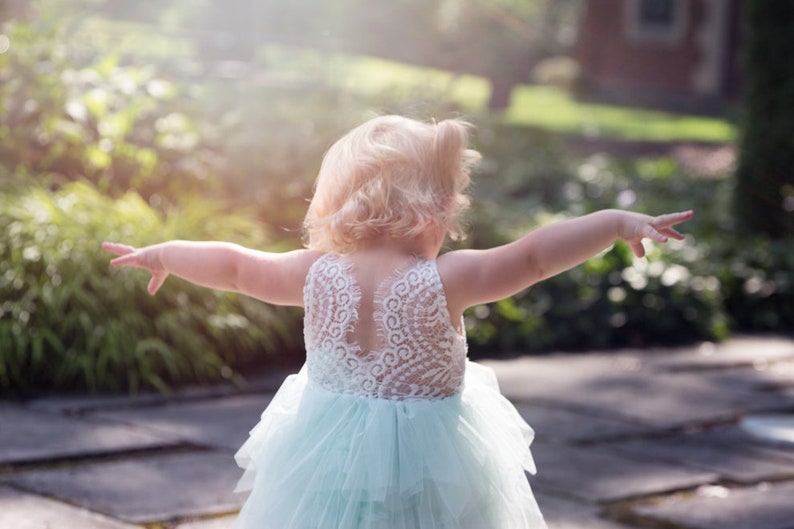 White Lace Flower Girl Dress, Baby Tulle Wedding dress, Mint Green Tutu Dress, Elegant Boho Chic, Couture, Pearl Bead Detail, Shabby Chic image 7