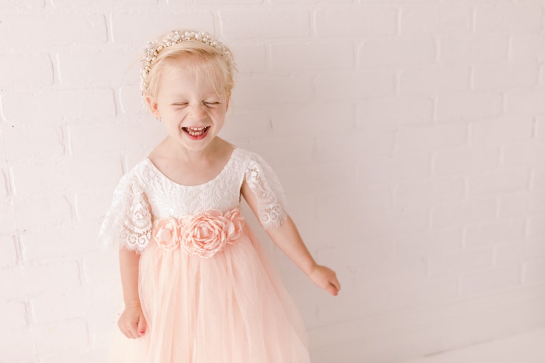 Blush Pink Tulle Short Sleeve Wedding Gown, White Lace Floor Length Flower Girl Dress, Ball Gown, Boho Chic Beach, Dusty Rose Spring. Aria image 2