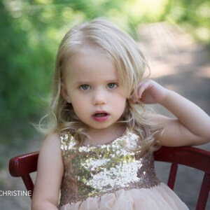 Champagne Gold Flower Girl Dress, Long Sequin Ball Gown, Ivory Beige Boho Lace Dress, Bohemian Beach Wedding Girl Outfit image 7