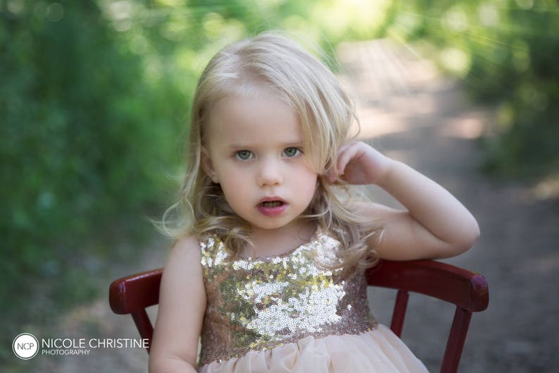 Champagne Gold Flower Girl Dress, Long Sequin Ball Gown, Ivory Beige Boho Lace Dress, Bohemian Beach Wedding Girl Outfit image 7