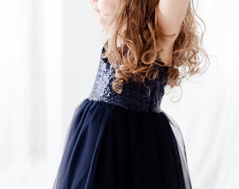 Vestido de tul azul marino para ninas vestido de 1er cumpleanos para nina vestido de nina de flores de lentejuelas azul medianoche Etsy Mexico