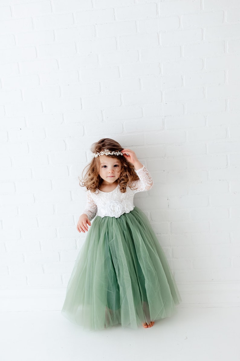 Sage Green Long Sleeve Flower Girl Dress, White Lace Boho Wedding Dress for Girls, Mint Tulle Ball Gown, Eucalyptus & Fern Inspired image 1