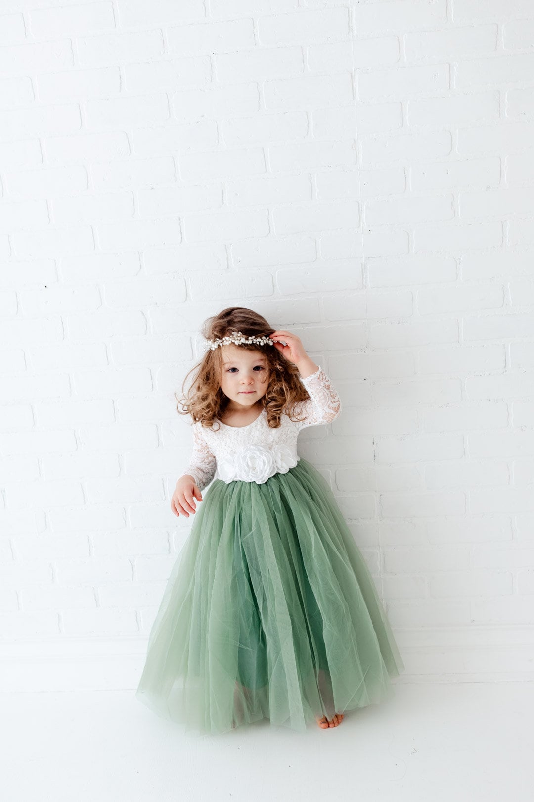 White Lace Flower Girl Dress Sage Green ...