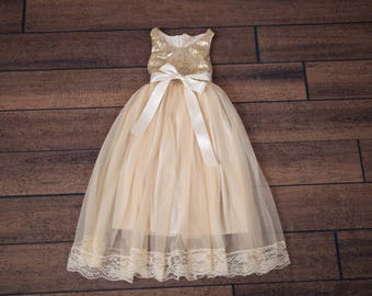 Champagne Infant Flower Girl Dress, Baby Gold Sequin Wedding Ball Gown, Boho Floor Length Long Dress, Rustic Bohemian Dresses