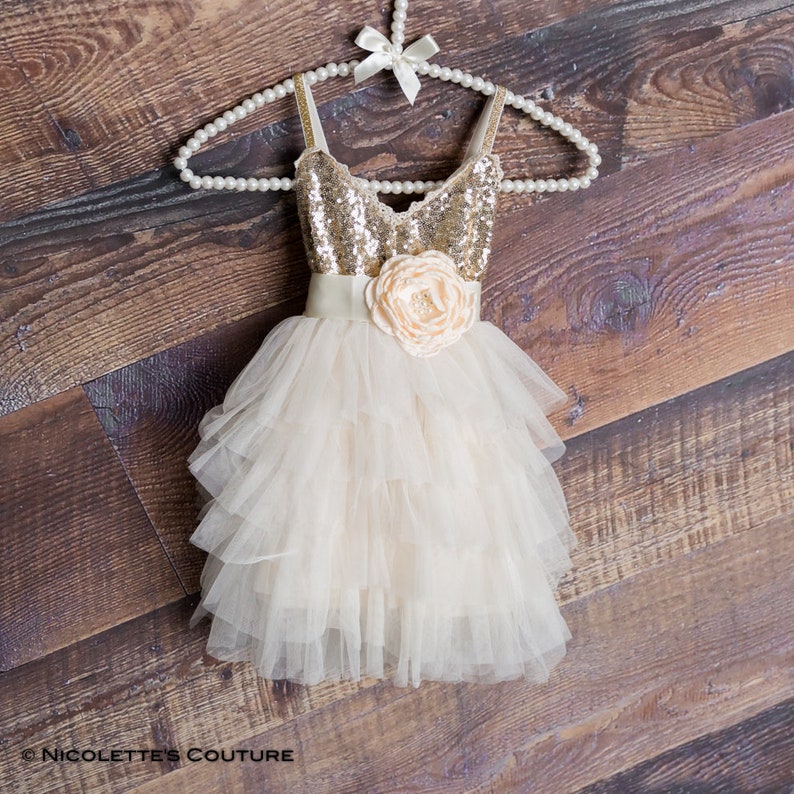 Gold Sequin Flower Girl Dress Ivory Tulle Wedding Dress Boho | Etsy