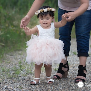 White Lace Flower Girl Dress, Blush Pink Tulle Wedding dress, White Wedding, Tutu Dress, Boho Chic, Country, Couture, Pearl Bead Detail