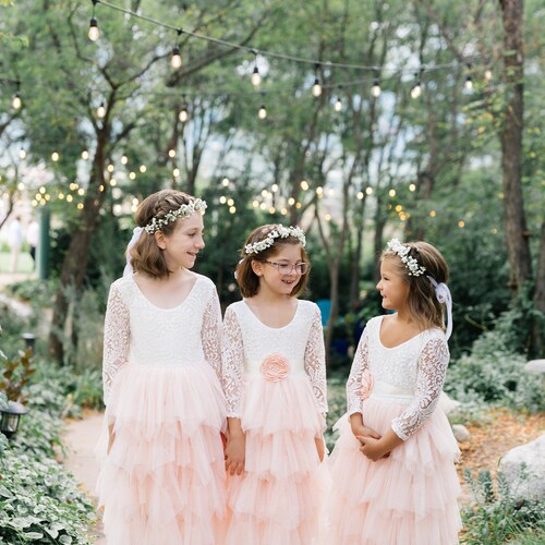 White Lace Flower Girl Dress Blush Pink Tulle Wedding Gown - Etsy